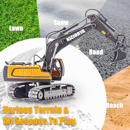 KIZJORYA Remote Control Excavator, Toys for Boys Age 6-12, Rechargeable 11 CH RC Construction Vehicles Truck with Sound Light Metal Shovel, Birthday for Kids 7 8 9 10+ Year Old(2.4 GHz) - style: real remote control Excavator