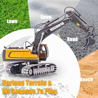 KIZJORYA Remote Control Excavator, Toys for Boys Age 6-12, Rechargeable 11 CH RC Construction Vehicles Truck with Sound Light Metal Shovel, Birthday for Kids 7 8 9 10+ Year Old(2.4 GHz) - style: real remote control Excavator