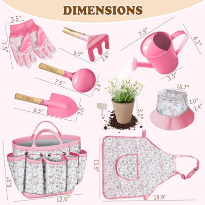 Kids Gardening Tool Set 18PCS Outdoor Toys Tote Bag Watering Can Apron Pink - color: Pink