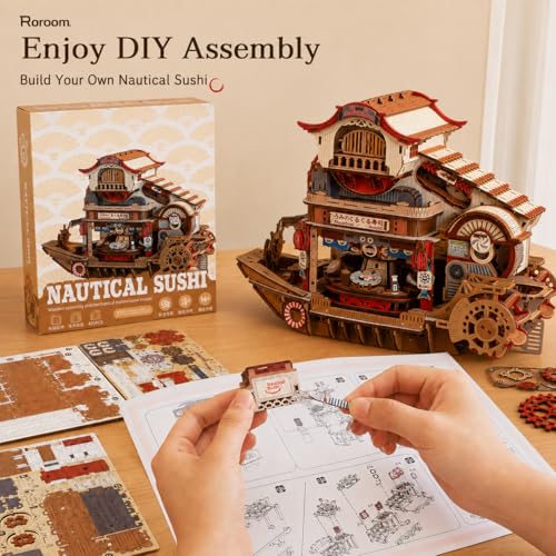 Roroom Mechanical 3D Wooden Puzzles for Adults, 425pcs Wood Building Kit - color: Nautical Sushi