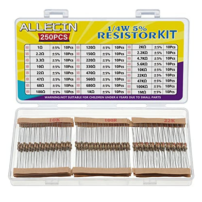 25 Values 1/4W Resistor Kit from 1 Ohm to 1M Ohm 1/4 Watt 5% Carbon Film Resistors Assortment - size: 1/4W