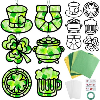 Qyeahkj 36 Set St. Patrick's Day Suncatchers Crafts for DIY Shamrock Window Tissue Paper Craft Kit Hanging Decor for St. Patrick's Day Home Activity Art Project Birthday Party Favor - style: Lucky Shamrock