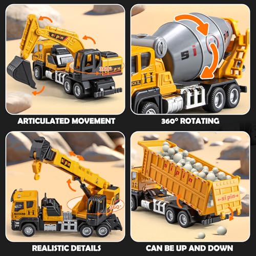 4 Packs Metal Construction Trucks Playsets, Mini Friction Powered Engineering Vehicle, Crane, Excavator, Cement Mixer, Dump Truck Toys for Boys 3-5 Years Old, Die-Cast Trucks for Toddlers Kid - style: Construction Trucks Set