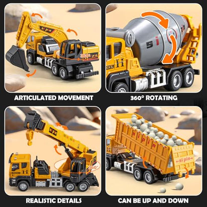 4 Packs Metal Construction Trucks Playsets, Mini Friction Powered Engineering Vehicle, Crane, Excavator, Cement Mixer, Dump Truck Toys for Boys 3-5 Years Old, Die-Cast Trucks for Toddlers Kid - style: Construction Trucks Set