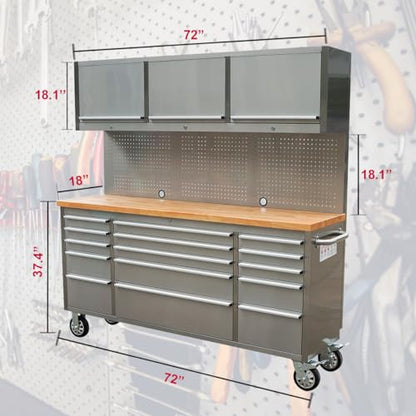 72-Inch Stainless Steel Rolling Tool Chest with 15 Drawers + 3 Upper Cabinets, Mobile Workbench, Assembled Large Tool Box Lockable Storage Cabinet with Wheels for Garage Workshop - size: 72'' + 3 Upper Cabinets - Stainless Steel