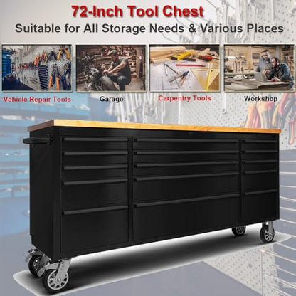 72-inch Rolling Tool Chest with 15 Drawers, Mobile Workbench, Assembled Large Tool Box Lockable Storage Cabinet with Wheels for Garage Workshop (72'' w/15 Drawers - Black) - size: 72'' w/15 drawers - Black