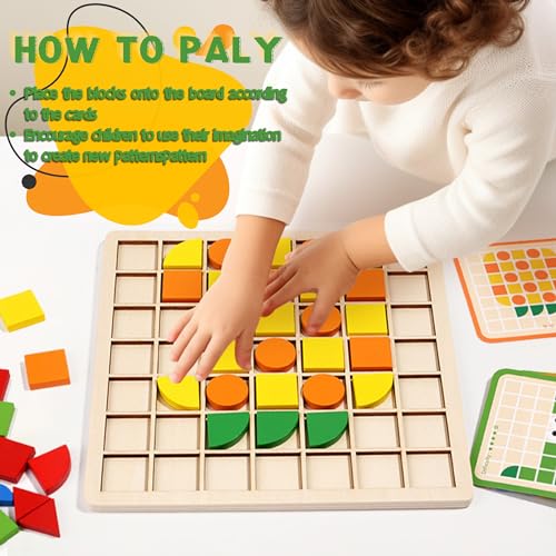 Pattern Blocks and Boards with 120 Pieces Colored Wooden Shape Blocks, with 20 Pieces Design Cards, Kindergarten Classic Geometric Puzzles Toys for Girls and Boys