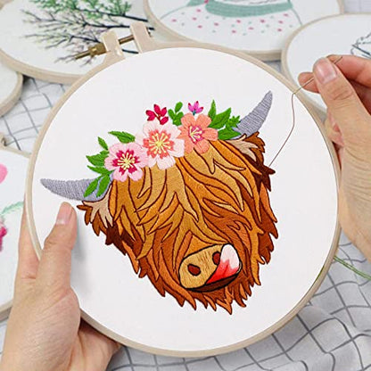 Louise Maelys Highland Cow Stamped Embroidery Kit Floral DIY Craft - color: kit-17