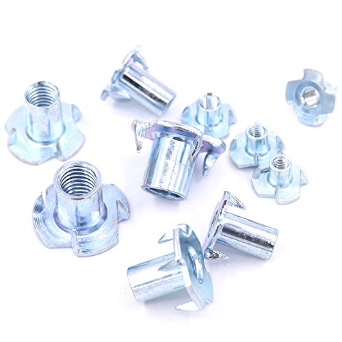 Hilitchi 105-Pcs M4 5 6 8 10 Zinc Plated Steel T Nuts Four Claw Nuts Assortment Kit for Wood Rock Climbing Holds Cabinetry Furniture