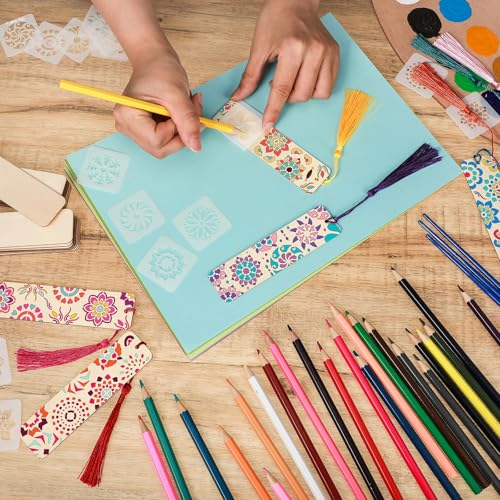 TaoBary 92 Pcs 6 x 2 Inch Floral Wood Bookmark Making Kit Includes 36 Unfinished Blank Bookmarks 36 Tassels 20 Templates, Back to School DIY Painting Craft for Home Class Holiday Teachers Gift - style: Floral