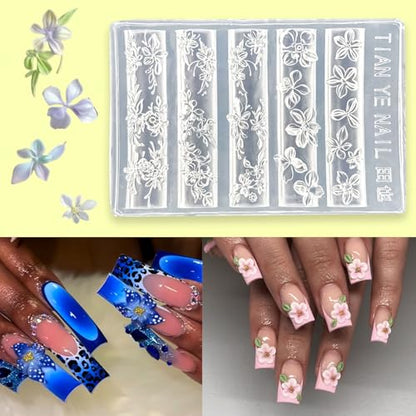 1 Pcs Silicone Nail Molds 3D Gel Nail Art Molds Flowers Nail Art Molds Various Shapes Design Embossed Silicone Mold Making DIY Flower Carved Template Blossom Nails Mold Carving Mould for Women - color: Styl 2