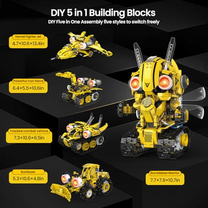 HPROMOT 5-in-1 STEM Robot Building Kit for Kids Ages 8-16, Remote & App Controlled, Rechargeable Engineering Learning DIY Coding Toy, Educational Building Blocks Gift for Girls & Boys (673 PCS) - color: Yellow