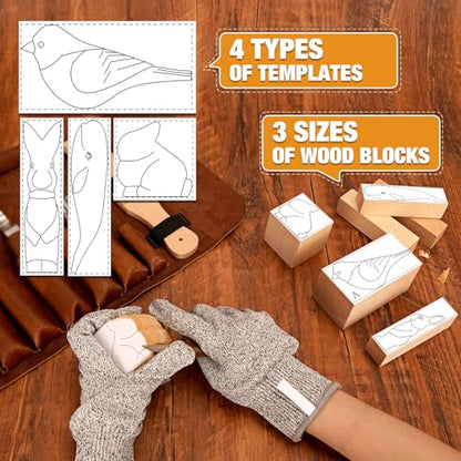 Wood Carving Kit, 24Pcs Wood Carving Tools with Storage Bag, Wood Whittling Knife Kit with 4pcs Templates & 6pcs Basswood Blocks for DIY Beginners