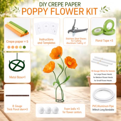 Moxweyeni 3 Pcs 5.5 ft Giant Orange Poppy Paper Flower DIY Kit with Stand - color: Orange, style: Poppy