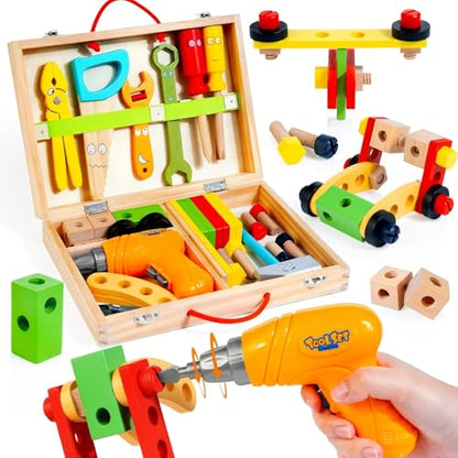 Kids Tool Set with Electric Drill, Montessori Wooden Toys for Boys Girls 3+