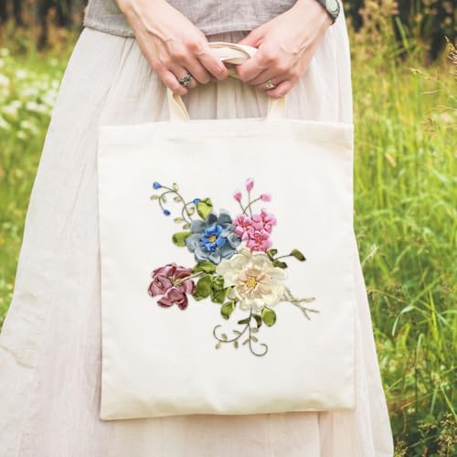 Canvas Tote Bag Silk Ribbon Embroidery Kit for Beginners Arts DIY Crafts Starter Kit Include Stamped Bag Threads Hoop - color: Color #1, Beige Bag