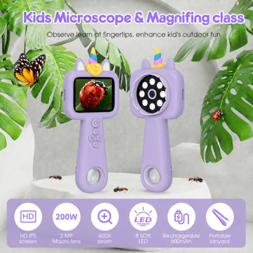 2.4" Screen Kids Microscope, 4K Handheld Digital Microscope - color: Purple