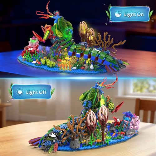 Mechanical Mantis Shrimp Building Block Sets, 1843 Pcs Sea Creatures Building Toys with Miniature Undersea Landscape & Led Light, 18.11x9.45x9.84in DIY Model Kit for Adults Teens 14+