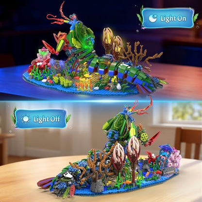 Mechanical Mantis Shrimp Building Block Sets, 1843 Pcs Sea Creatures Building Toys with Miniature Undersea Landscape & Led Light, 18.11x9.45x9.84in DIY Model Kit for Adults Teens 14+