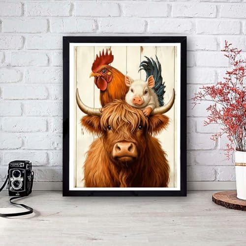 Diamond Art Kits for Adults,Highland Cattle Diamond Painting Kits 12X16 in - color: Highland Cattle Chickens and Pigs