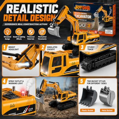 RC Excavator Toy for Boys Age 4-7 8-12, 4-in-1 Remote Control Excavator with Metal Bucket, Breaker & Grapple, 2.4GHz Construction Vehicle