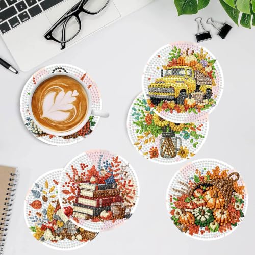 8 PCS Autumn Diamond Art Coasters Kit for Adults,Diamond Painting Coasters - color: Autumn