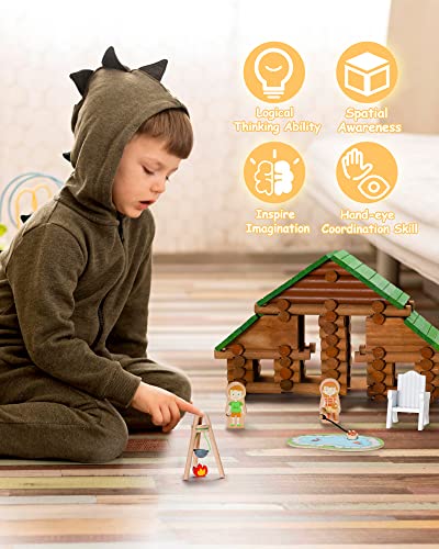 SainSmart Jr. 214 PCS Wooden Logs Cabin Set Ages 3, Building Log Gift for Boy/Girl, Creative Construction Engineering Educational Toy, Vacation Chalet - style: 214 PCS Holiday House