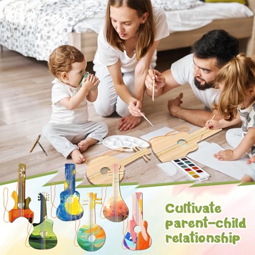 Syhood 36 Pcs 18 Sets DIY Wood Guitar (6 Difference Designs) with Pigments (6 Colors), DIY Wood Instruments Gift for Crafts Art Birthday Music Theme Party(Classic Style) - style: Classic Style