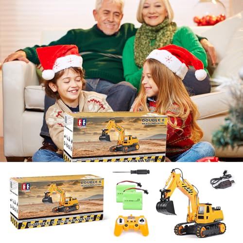 DOUBLE E Remote Control Excavator Toy, 2*Batteries 2.4GHz RC Excavator, 6-in-1 Digging/360° Rotation, 20M Range Sandbox Construction Toys Birthday Gift for Boys/Kids 6+ Years - color: Yellow