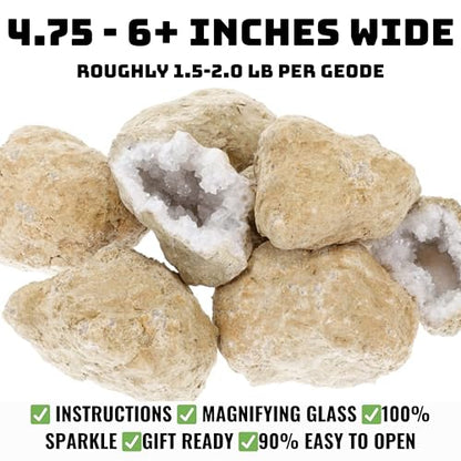 TruEnergy Jumbo Break Your Own Geodes – 2 Massive Natural Crystal Geodes 4.5 to 6.5 Inch, Easy Crack-Open Geology Specimens – Magnifying Glass & Geologist Guide – Gift Ready - [Jumbo] - size: JUMBO (4.5"-6.5")