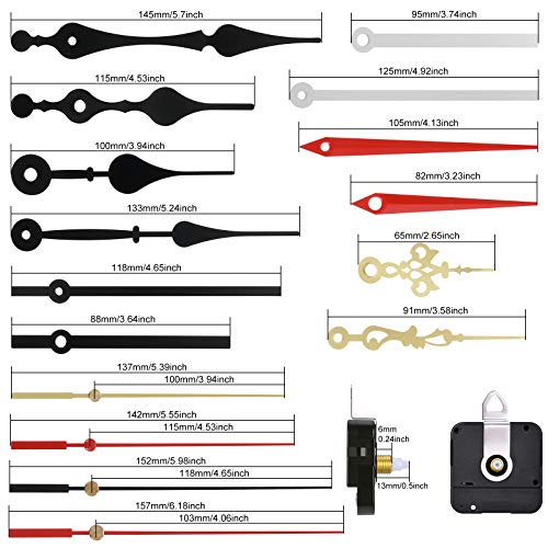 Outus 4 Pieces Quartz DIY Wall Clock Movement Mechanism Battery Operated Clock Motor Kit with 6 Sets of Hands (0.5 Inch/ 13 mm, Red, White, Black, Gold)