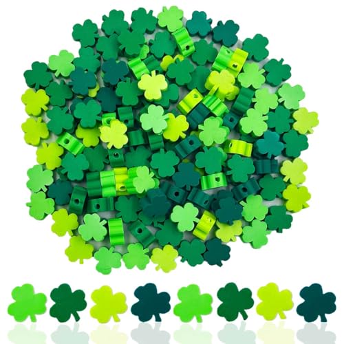 100Pcs St. Patrick's Day Shamrocks Handmade Polymer Clay Beads, Luck Clover Prints Polymer Clay Spacer Beads for Women Jewelry Making DIY Charms Bracelet Necklace Hair Clip Accessories Handmade Craft - color: 4sanyecao
