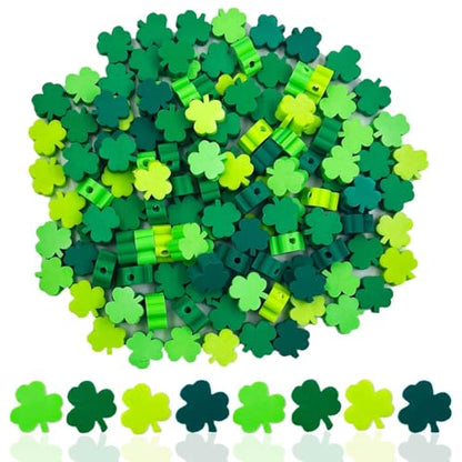 100Pcs St. Patrick's Day Shamrocks Handmade Polymer Clay Beads, Luck Clover Prints Polymer Clay Spacer Beads for Women Jewelry Making DIY Charms Bracelet Necklace Hair Clip Accessories Handmade Craft - color: 4sanyecao