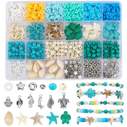 UPINS 2100Pcs Ocean Beads Bracelet Making Kit,Summer Beach Beads for Jewelry Making Sea Shell Blue White Turquoise Starfish Turtle Charms for Summer DIY Craft Gift - color: Blue White