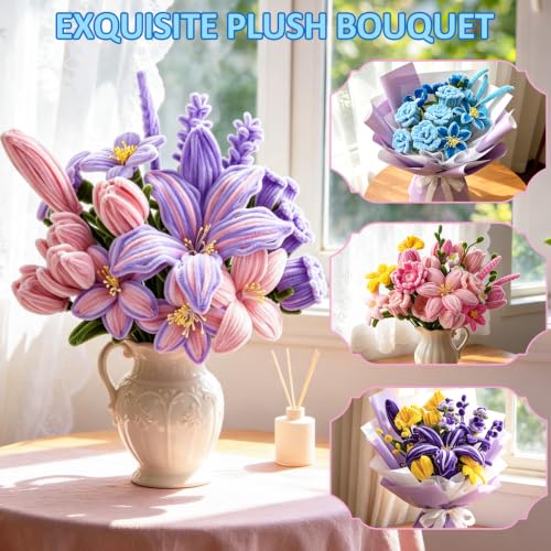 Anyeve 1800 PCS Pipe Cleaners Craft, Pipe Cleaner Flower Kit in 7 Colors, Chenille Stems Bouquets, Fluffy Pipe Cleaners, Ribbons and Flower Paper, Instructions for Easy Operation, DIY Enthusiasts - color: 1800PCS-7 Color
