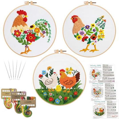 Louise Maelys 3 Packs Farm Animals Embroidery Kit for Beginners Gift - color: Rooster Hen