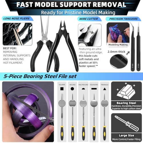 62pcs 3D Printer Tool Kit and Accessories with Hardshell Box incl. Long Nose Pliers, Flush Cutter, Metal/Plastic Scrapers, Finishing Files, for Bambu Lab A1/P1S/P1P, Flashforge & All FDM/SLA Printers - style: Maker Suite Pro