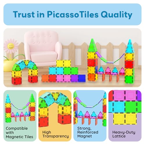 PicassoTiles Magnetic Building Block Magnet Tile Construction Kit for Kids Educational STEM Learning Playboard Pretend Play Toy Stacking Shapes Brain Development Preschool Toddler Activity Set PTE04 - style: 12Pc Square