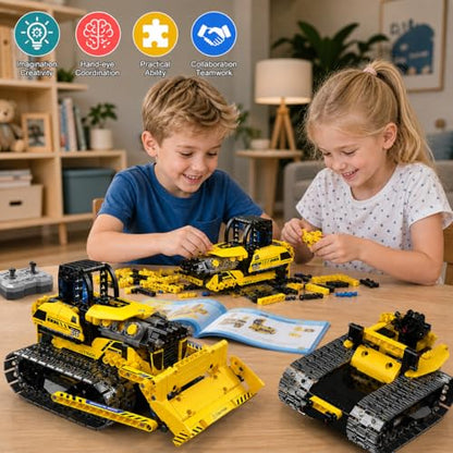 zinat 3 in 1 RC Bulldozer Building Set, STEM Construction Vehicle Kit with App & Remote Control, Tracked Engineering Toy Gift for Kids Boys Girls Ages 6+ - 452Pcs