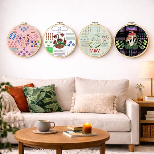 Embroidery Kit for Beginners Adults, 4 Pre-Printed Cloths, 41 Stitches - color: Beginners - Floral & Mushroom
