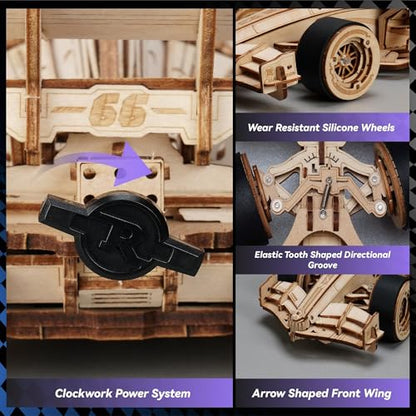 ROBOTIME 3D Puzzles for Adults, 1:18 Scale Wooden Formula Racing Car LK505, Wood Mechanical Model Car Kits to Build, Cool Crafts for Teens & Adults Project Kits Model Building Set
