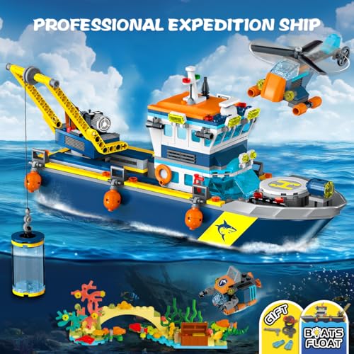 HiWEEGO City Floatable Boat Building Set with LED Light - Ocean Arctic Explorer Ship Building Block Kit with Helicopter, Sub Exploration Toy Adventure Set Birthday Gift for Kids Boys Girls 6 7 8 9 10+