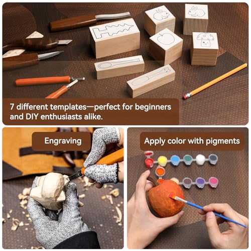 68-Piece Wood Carving Kit for Adults and Beginners, 16 Whittling Knives & Chisels, 8 Basswood Blocks, Leather Tool Roll, Safety Gloves, Paints and Templates, Carving Gift Set for Men