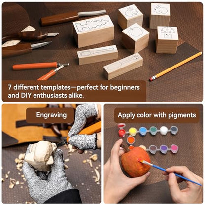 68-Piece Wood Carving Kit for Adults and Beginners, 16 Whittling Knives & Chisels, 8 Basswood Blocks, Leather Tool Roll, Safety Gloves, Paints and Templates, Carving Gift Set for Men