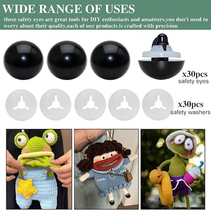 ARTCXC 30Pcs 24mm/0.95inchBlack Solid Plastic Safety Eyes Craft Eyes with Washers for Doll, Puppet, Plush Animal DIY Making - size: 24mm(0.95inch)
