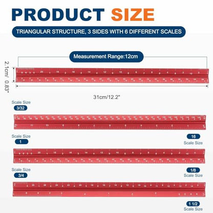 HARFINGTON Architectural Scale Ruler, 12 Inch Standard Aluminum Alloy Architect Triangular Small Scale Laser-Etched Blueprint Drafting Ruler for Architects Engineers, Red - color: Red, size: 12 Inch