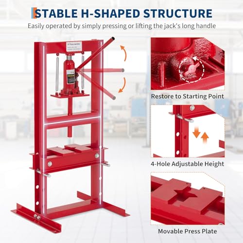 6 Ton h Frame Hydraulic Shop Press, Heavy Duty Garage Floor Press with Adjustable Height, Built in Relief Valve, Professional Grade Car Repair Tool for Bending Straightening Bearings u Joints, Red - size: 6 Ton