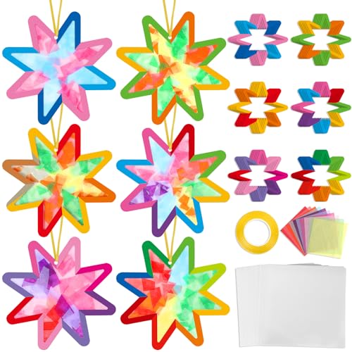 Qyeahkj 36 Set Summer Star Suncatchers Crafts for DIY Star Window Tissue Paper Craft Kit Art Ornament Hanging Decor for Home Activity Art Project Birthday Party Favors Gifts - style: Star