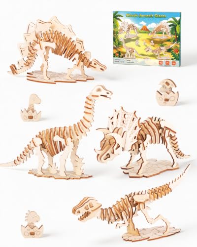 3D Wooden Dinosaur Puzzle, 4 Kits - T-Rex, Triceratops, STEM Toy 8-12
