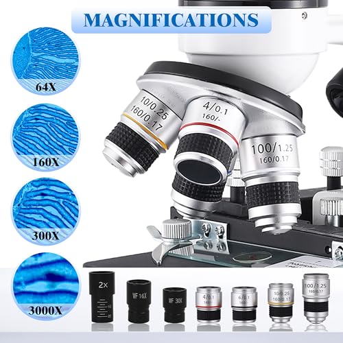 Compound Binocular Microscopes 64X-6000X with Electric Len, Microscope for Adults Kids Students, 4 Objective Lens, Biological Microscope Kit for School, Lab - style: Microscope Kit - 2